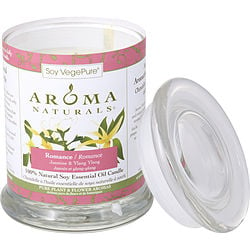 ROMANCE AROMATHERAPY by Romance Aromatherapy - ONE 3X3.5 inch MEDIUM GLASS PILLAR SOY AROMATHERAPY CANDLE.  COMBINES THE ESSENTIAL OILS OF YLANG YLANG & JASMINE TO CREATE PASSION AND ROMANCE.  BURNS APPROX.