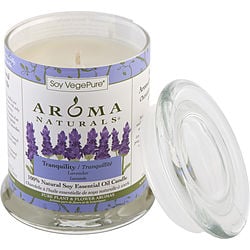 TRANQUILITY AROMATHERAPY by Tranquility Aromatherapy - ONE 3.7x4.5 inch MEDIUM GLASS PILLAR SOY AROMATHERAPY CANDLE.  THE ESSENTIAL OIL OF LAVENDER IS KNOWN FOR ITS CALMING AND HEALING BENEFITS.  BURNS APPROX.