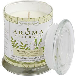 MEDITATION AROMATHERAPY by Mediation Aromatherapy - ONE 3.7x4.5 inch MEDIUM GLASS PILLAR SOY AROMATHERAPY CANDLE.  COMBINES THE ESSENTIAL OILS OF PATCHOULI & FRANKINCENSE TO CREATE A WARM AND COMFORTABLE ATMOSPHERE. BURNS APPROX.