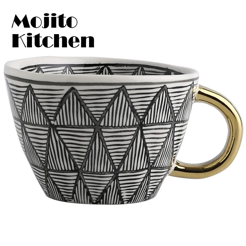 Hand Painted Geometric Ceramic Mugs With Gold Handle Handmade Irregular Cups For Coffee Tea Milk Oatmeal Creative Birthday Gifts