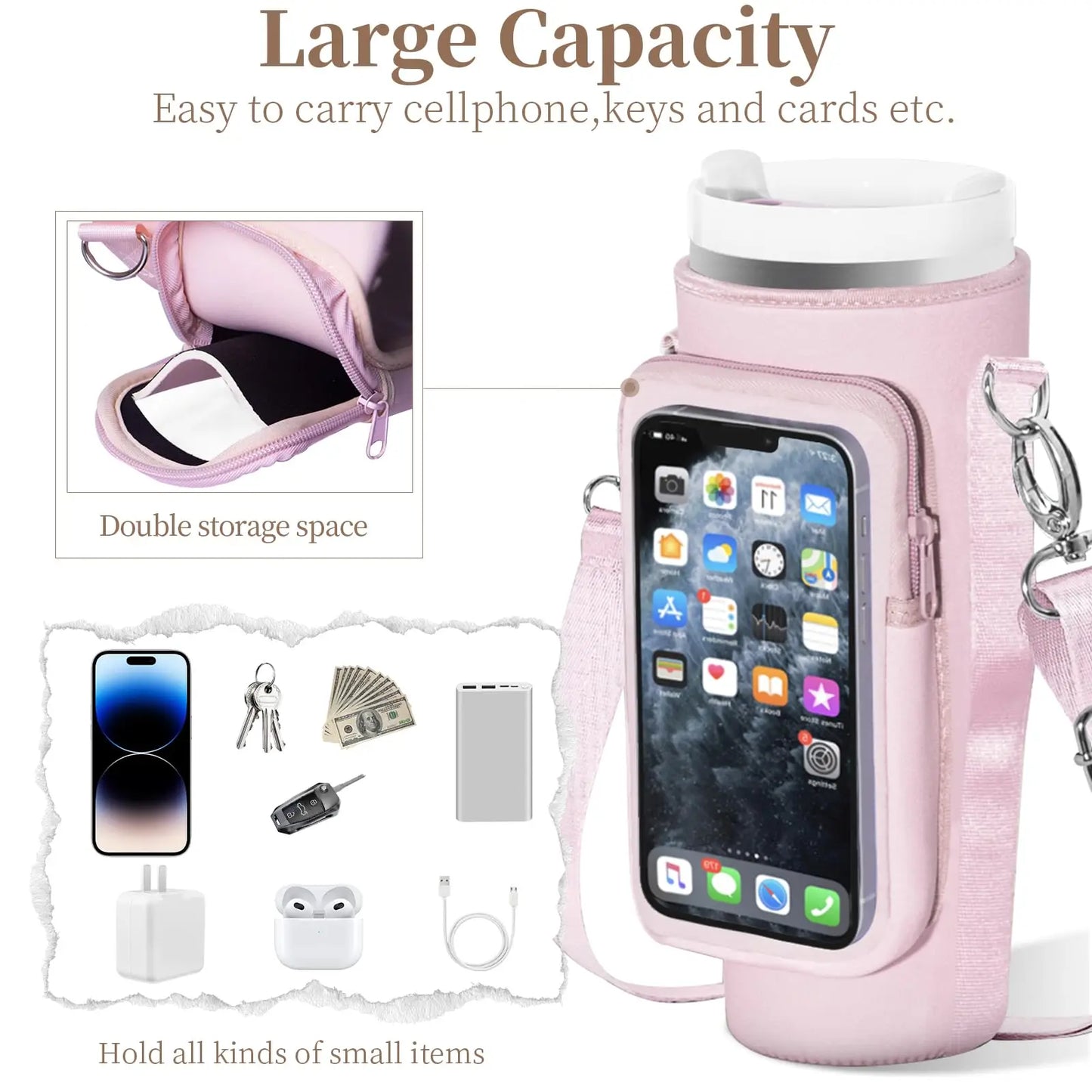 Cup Holder with Strap Touchable Screen Phone Pocket for Stanley Quencher H2.0 & Adventure 40 oz Tumbler with Handle