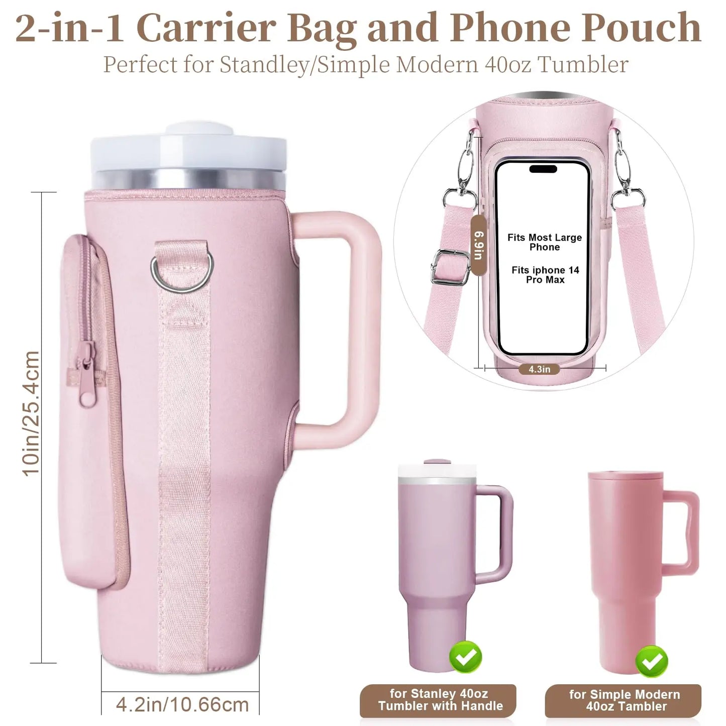 Cup Holder with Strap Touchable Screen Phone Pocket for Stanley Quencher H2.0 & Adventure 40 oz Tumbler with Handle